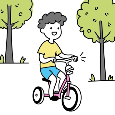 A young child with curly hair is riding a red vintage tricycle. The child is wearing a bright yellow t-shirt and denim shorts. The tricycle features a shiny chrome bell and large white wheels. The street is lined with tall, green trees, their leaves creating a canopy overhead. The ground is covered with small patches of sunlight filtering through the foliage. The child has a joyful expression as they pedal along the tree-lined street.