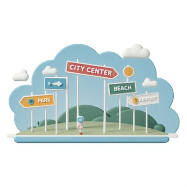 A collection of colorful highway signs standing tall along a road. Each sign is uniquely shaped and painted in bright colors such as red, blue, green, and yellow. The signs include arrows pointing in different directions, with labels indicating various destinations like "City Center," "Beach," "Park," and "Airport." Some signs have symbols like a palm tree for the beach and an airplane for the airport. The background features a clear blue sky and lush greenery, enhancing the vibrant look of the signs.