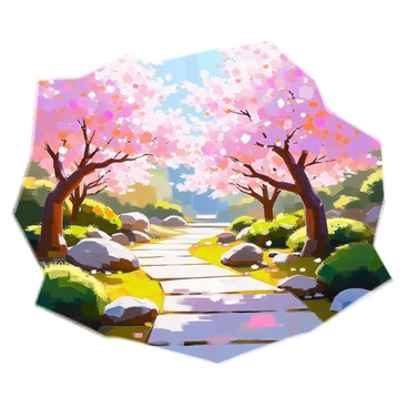 A tranquil Japanese garden featuring a winding path bordered by cherry blossom trees in full bloom. The trees are adorned with delicate pink flowers, creating a beautiful canopy overhead. The path is made of smooth stones, gently winding through the garden, inviting visitors to stroll along its length. Lush green foliage and carefully arranged rocks are scattered throughout the garden, enhancing the natural beauty of the scene. The sunlight filters through the blossoms, casting soft shadows onto the path below.