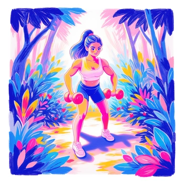 A person with a focused expression is exercising with dumbbells in an outdoor setting. They are wearing a fitted tank top and athletic shorts. The sunlight filters through the dense canopy of leaves above, creating dappled patterns of light on the ground. Surrounding them, lush greenery includes various types of plants and trees, with vibrant leaves and colorful flowers scattered throughout. The person is in a dynamic pose, showcasing strength and determination amid the serene backdrop of the forest.