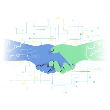 Two virtual hands, one with a blue hue and the other with a green hue, are shaking in the center of the image. The hands are semi-transparent, showcasing intricate circuitry patterns within them. Surrounding them is a digital data network background filled with glowing lines and nodes in shades of blue, green, and white. The network appears dynamic, with some lines pulsing gently, creating a sense of connectivity and interaction in the digital realm. The overall composition emphasizes the handshake as a symbol of collaboration and unity in technology.