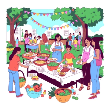 A vibrant scene of a bustling community event in a park. Tables are lined with a variety of homemade dishes, each adorned with colorful labels showcasing their contents. Neighbors are gathered around, exchanging smiles and friendly conversations as they swap dishes and excess produce. Baskets filled with fresh fruits and vegetables, such as tomatoes and cucumbers, are placed on the tables. Some families are sharing food samples, while children are playing nearby. Colorful banners are hanging between trees, adding to the festive atmosphere of the event.