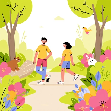 A group of children, two boys and a girl, is wandering through a magical forest. The children have expressions of curiosity and excitement as they look around at their surroundings. The forest is filled with various friendly animals, including a small brown bear sitting on a log, a fluffy white rabbit peeking from behind a bush, and colorful birds flying between the trees. The plants are vibrant, featuring large, bright flowers in shades of pink, orange, and blue. Sunlight filters through the leaves, creating a warm and welcoming atmosphere in this enchanting environment.