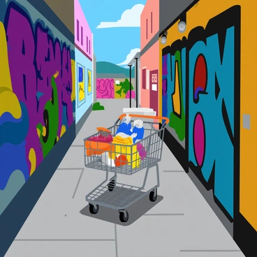 A metal shopping cart positioned in a narrow alleyway. The cart is filled with various discarded items, including a crumpled newspaper and an empty soda bottle. The walls of the alleyway are covered in vibrant graffiti, featuring colorful tags and murals. The ground is slightly uneven, with patches of cracked concrete and scattered litter. Dim light from a nearby streetlamp casts shadows across the scene, highlighting the textures of the graffiti and the cart.