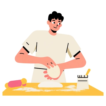A baker with a white apron is kneading a ball of dough on a wooden counter. White flour dust fills the air, creating a soft cloud around the baker's hands. The counter is sprinkled with more flour, and there are baking tools like a rolling pin and a flour sack visible nearby. The baker's focused expression shows determination as they work the dough, emphasizing the texture of the ingredients being blended.