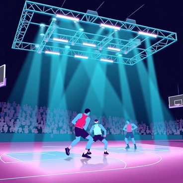 An intricate lighting setup above a basketball court, featuring multiple high-powered LED lights. The beams of light create dynamic patterns on the polished wooden floor, casting shadows of the players below. Several athletes are in action, displaying a range of athletic movements, with one player leaping towards the basket, while others are in defensive positions. The vibrant colors of the jerseys shine under the focused lights, creating a vivid contrast against the darkened stands filled with spectators.