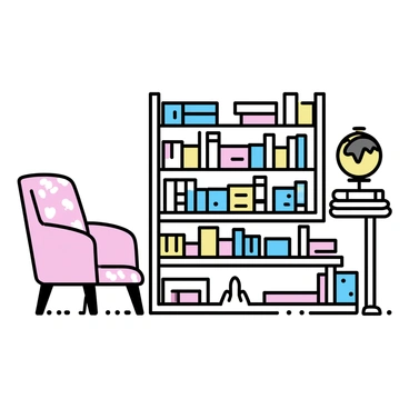 A cozy library corner featuring a wooden bookshelf filled with various books. A vintage globe sits on a small, round table beside the shelf. A classic reading lamp with a warm yellow light illuminates the space. A comfortable armchair with a patterned fabric is positioned nearby, inviting someone to sit and read. The floor is covered with a soft, textured rug, adding to the warm atmosphere.