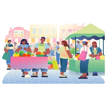 A bustling market scene in Montpellier features various vendors. A vendor with light skin and curly brown hair is selling vibrant fresh produce, including red tomatoes, yellow bell peppers, and leafy green lettuce. Another vendor is displaying an array of colorful flowers, including bright red roses, sunny yellow sunflowers, and delicate white daisies. Shoppers of diverse backgrounds are browsing the stalls, some carrying reusable shopping bags. The cobblestone street is lined with small colorful tents, and there is a backdrop of sunlit buildings with warm tones, creating a lively atmosphere.
