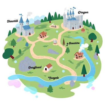 A detailed medieval map is laid out, showcasing various elements of a vibrant realm. Several castles dot the landscape, each with tall spires and fortified walls. Around the castles, there are small villages with thatched-roof houses and winding dirt roads connecting them. Scattered throughout the lush green landscape are dragon lairs marked by rocky outcrops and curling smoke rising from hidden entrances. The map features rolling hills and meandering rivers that flow gently through the territory. Trees and patches of forest are interspersed, adding depth and richness to the scenery. Labels in decorative fonts indicate the names of key locations across the map.