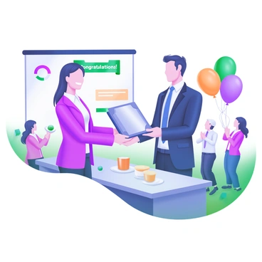 A modern pastel illustration depicting an office ceremony where an employee is standing proudly while receiving an award plaque from a manager. The employee is wearing a formal outfit with a bright smile, and the manager is handing over a shiny plaque with both hands. In the background, there are colorful balloons and a banner that reads "Congratulations!" The setting includes a table with refreshments and a few colleagues clapping and cheering in support.