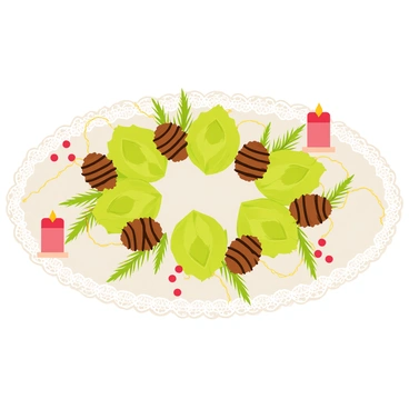 A holiday table centerpiece featuring a circular arrangement of green artichokes and brown pinecones. The centerpiece is set on a white lace tablecloth, with golden string lights woven between the artichokes and pinecones. Small red berries and evergreen sprigs are scattered throughout the arrangement, adding color and texture. A few candles in decorative holders are placed around the centerpiece, casting a warm glow.