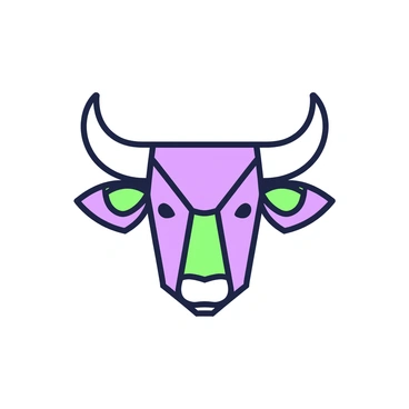 A minimalist illustration of a bull head is centered in the image. The bull head is designed with sharp, clean lines that create an angular appearance. The horns are prominently displayed, curving outward with precision, while the face is simplified to essential shapes, including a pronounced brow and narrow snout. The overall design emphasizes symmetry, with each side of the bull head mirroring the other. This outline captures the essence of the bull, showcasing strength and determination through its stark geometric features.