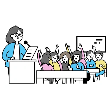 A teacher, wearing glasses and a blue cardigan, stands at a wooden podium with a microphone. She is holding a piece of paper with a list of words. Her expression is focused as she scans the list. A classroom filled with students sits in rows, each raising their hands in anticipation. The students have diverse backgrounds, wearing casual clothing, and looking engaged. A chalkboard is visible in the background with some notes written on it.