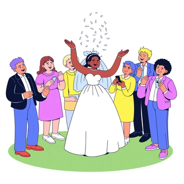 A bride in a white wedding dress is playfully throwing rice into the air. She has a bright smile on her face, and her long veil flows behind her. Surrounding her are laughing guests in colorful attire. Some guests are clapping their hands, while others are capturing the moment on their phones. The scene is set outdoors, with a soft green lawn in the background.