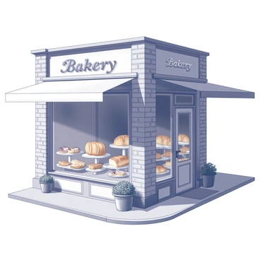 A street corner bakery building with a large front window showcasing an array of fresh baked goods. The window displays several golden-brown baguettes arranged neatly alongside various pastries, such as croissants and éclairs, all artfully arranged on decorative trays. The entrance features a door with a small awning above it, and the building has a brick facade with charming architectural details. A sign above the window reads "Bakery" in elegant lettering, inviting customers in. The surrounding area includes a small sidewalk with a few potted plants, adding to the inviting atmosphere.