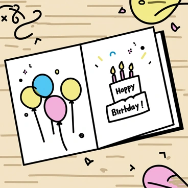 An artistic birthday card open on a table, featuring cheerful illustrations and heartfelt wishes