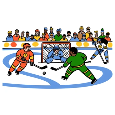 A group of hockey players on an icy rink, engaged in an intense game. The players wear colorful jerseys, helmets, and skates, showcasing their team colors. One player with light skin and short dark hair is about to take a shot on goal, while a goalie, with dark skin and curly hair, crouches in front of the net, focused and ready to block the puck. Another player, with medium skin and long black hair, is skating rapidly to intercept. The rink surface is glistening under bright overhead lights, and the stands are filled with cheering fans in the background.