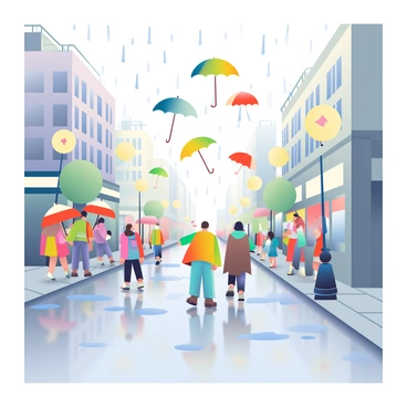 A bustling city street under a gray sky, with rain falling steadily. Puddles reflect the colors of the buildings surrounding the street. A variety of illustrated umbrellas in vibrant shades of red, blue, yellow, and green are floating above the street, creating a whimsical atmosphere. People with colorful raincoats are walking along the sidewalk, some holding traditional umbrellas, while others are stepping carefully to avoid the puddles. Streetlights are glowing softly, casting a warm light on the wet pavement.