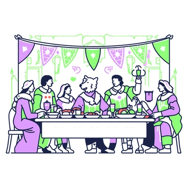 A large medieval banquet is taking place in a grand hall filled with ornate decorations. A wooden long table is set in the center, covered with an array of food, including roasted meats, loaves of bread, and bowls of fruits. Seated at the table are several noble guests dressed in rich garments with intricate patterns. They are engaged in lively conversation, raising goblets filled with drink. One of the unique features of this scene is a wolf, displaying a regal posture, seated at the table among the guests. The wolf has a thick fur coat and is looking around with keen eyes. The atmosphere is vibrant, with banners hanging from the ceiling and flickering torches illuminating the space.