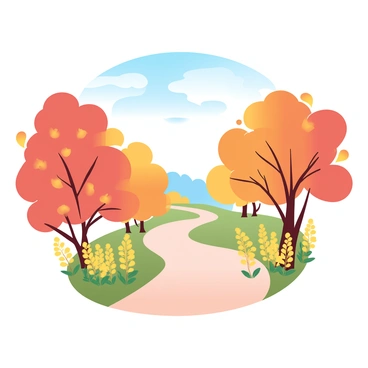 A country path is meandering through a landscape filled with vibrant autumn foliage. The path is flanked on either side by clusters of "goldenrod flowers" standing tall and bright. The trees surrounding the path are adorned with leaves in shades of orange, red, and yellow, creating a rich tapestry of color. Soft sunlight filters through the branches, casting gentle shadows on the ground. A clear blue sky looms overhead, completing the tranquil scene.