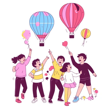 A group of joyful children are playing at a festival, surrounded by colorful hot air balloons that are rising into the sky. The children, wearing bright clothing, are laughing and pointing at the balloons as they float upwards. The balloons are in various shapes and sizes, featuring vibrant patterns and colors. Some children are holding small, colorful flags, while others are enjoying cotton candy. The scene captures the excitement and wonder of the festival atmosphere.