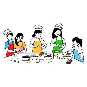 A group of children are gathered around a large kitchen table, each wearing colorful aprons and white chef hats. They are actively engaged in preparing simple snacks. One child is carefully chopping vegetables with a small knife, while another is mixing ingredients in a bowl. A third child is pouring cereal into a bowl, and a fourth is arranging fruit on a plate. The kitchen is equipped with various utensils and ingredients scattered across the table, including mixing bowls, measuring cups, and fresh produce. The children are smiling and collaborating, showcasing teamwork as they learn the basics of cooking.
