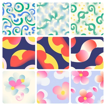A collection of seamless patterns is displayed, each featuring intricate designs. The first pattern showcases swirling shapes in vibrant shades of blue and green, interspersed with delicate gold accents. The second pattern contains geometric shapes in bold reds and yellows, creating a striking contrast against a deep navy background. The third pattern features floral motifs with bright pink and orange flowers set against a soft lavender backdrop. Each pattern seamlessly flows into itself, showcasing the complexity and variety of colors and designs.