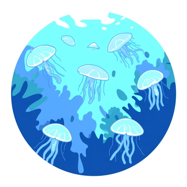 A blue underwater scene filled with a school of translucent jellyfish drifting gracefully. The jellyfish have soft, flowing tentacles that sway gently in the water. Sunlight filters down from the surface, creating shimmering patterns that dance among the jellyfish. In the background, there are hints of coral formations in a contrasting teal color, providing depth to the serene underwater environment. The water is clear, allowing visibility of multiple jellyfish as they move together in fluid harmony.