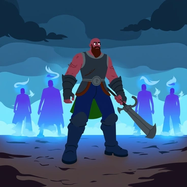 A muscular man with a bald head and a thick beard stands firmly on an eerie battlefield. He is dressed in armor and wielding a large, intricate weapon. Surrounding him are ghostly warriors, their ethereal forms glowing faintly in shades of blue and white. The mist swirls around their feet, creating a mystical atmosphere. The battlefield is marked by cracked earth and scattered remnants of weapons, giving it a desolate look. The sky above is dark and cloudy, enhancing the ominous feeling of the scene.