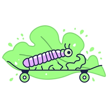A caterpillar is gliding smoothly on a large leaf that is shaped like a skateboard. The caterpillar has soft, segmented body with distinct patterns along its back. Its small legs are gripping the edges of the leaf, while it moves forward in a smooth manner. The skateboard-shaped leaf has a vibrant texture, with visible veins running through it. Surrounding the leaf, there are small droplets of dew, adding detail to the scene. In the background, other leaves create a lush, green environment.