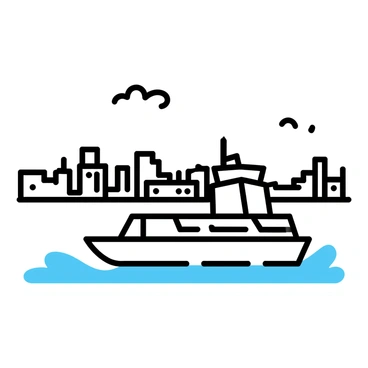 A ferry, colored in white and blue, is crossing the River Tay. The water is gently rippling around the hull of the ferry. In the background, the cityscape of Dundee is visible. The skyline features a mix of modern and historic buildings, including tall structures and traditional architecture. The sky above is clear with a few scattered clouds. The ferry is positioned centrally in the image, creating a dynamic contrast with the distant city.