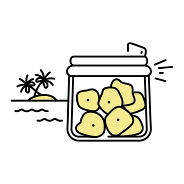 A glass jar filled with "golden banana chips" is centrally placed, showcasing the texture and color of the chips. The jar has a simple metal lid that reflects light. In the background, a minimalistic depiction of a "tropical island" is visible, featuring a few "palm trees" and a thin outline of "gentle waves" at the shoreline. The overall composition allows the jar to stand out prominently against the island backdrop.