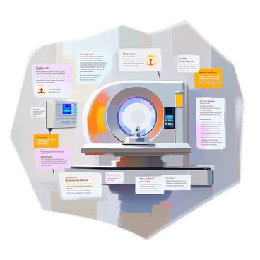 An educational poster focused on "CT scans" features a central diagram illustrating the process of a CT scan. This diagram includes labeled sections showing the different components of the scanner, such as the rotating gantry and detector array. Surrounding the diagram, there are several informative text boxes that explain how a CT scan works, its applications in medical diagnostics, and safety information regarding radiation exposure. The text is presented in clear, legible fonts with bullet points for easy reading. Different colors and icons are used to highlight key points and enhance understanding of the concepts.