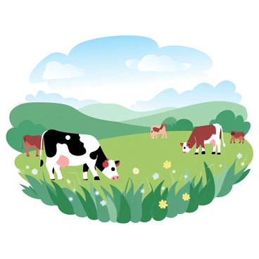 A serene pastoral scene features several cows grazing in a lush green field. The cows vary in color, including black and white spots, brown, and reddish hues. The field is overflowing with tall, vibrant green grass, dotted with wildflowers in shades of yellow and white. Above, a clear blue sky stretches across the horizon, with a few soft, fluffy clouds lazily drifting by. In the distance, gentle hills rise, covered in greenery, adding depth to the landscape.