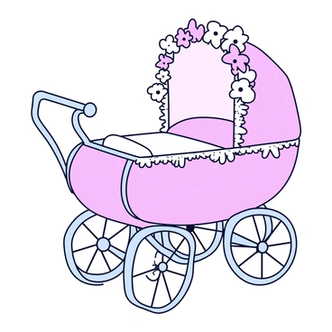 A vintage baby carriage decorated with white and pink flowers for a baptism