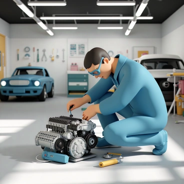 A mechanic, wearing a blue jumpsuit and safety goggles, is kneeling beside an open engine in a busy garage. The engine is on a workbench, surrounded by various tools like wrenches and screwdrivers. The mechanic has a focused expression, with one hand gripping a tool while the other is examining a part of the engine. In the background, there are several cars in different states of repair, and a wall adorned with tool storage. The garage is illuminated by bright overhead lights, casting shadows on the concrete floor.