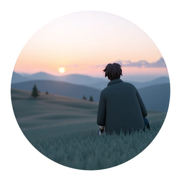 A figure, wearing a long dark coat, sits alone on a grassy hill. The person is looking towards the horizon where the sky is transitioning from orange and pink hues to deep blue as twilight sets in. The figure has a slight silhouette, with tousled hair gently swaying in the breeze. The surrounding landscape features a few scattered trees and a distant outline of mountains under the dimming light. The atmosphere is calm, with the last rays of the sun gradually disappearing beyond the horizon.