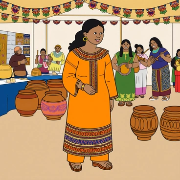 A young woman, "Malala," is standing confidently at a cultural event. She has dark hair tied back and is wearing a colorful traditional dress adorned with intricate patterns. Around her, there are various traditional artifacts displayed, including ornate pottery and woven textiles, showcasing diverse cultural heritage. In the background, musicians are playing lively instruments, adding vibrancy to the atmosphere. The setting is filled with colorful decorations, and people are engaged in conversations, reflecting the joyous spirit of the event.