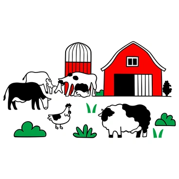 A wide view of a farm scene showing several cows grazing on green grass, with a few chickens pecking at the ground nearby. A fluffy sheep is lying down, calmly resting close to a vibrant red barn that stands tall in the background. The barn has a weathered wooden texture, with a large door slightly ajar. In the foreground, there are patches of wildflowers scattered around, adding detail to the landscape.