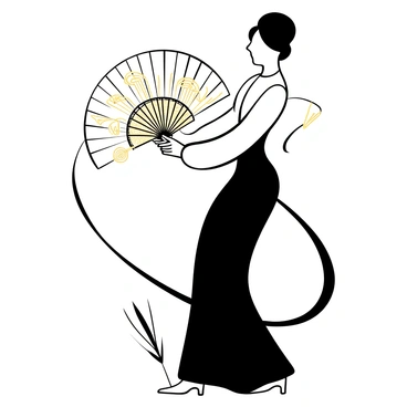 A woman dressed in an elegant gown is holding a decorative fan. The fan features intricate gold art deco motifs, showcasing geometric patterns and stylized designs. The woman is positioned gracefully, with her arm extended outward as she showcases the fan. The background consists of simple, flowing lines that suggest movement and elegance, enhancing the focus on the fan and the woman’s posture.