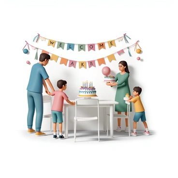A group of four family members is in a living room preparing for a surprise "Welcome Back" party. One adult, wearing a blue shirt and jeans, is hanging a colorful banner that reads "Welcome Back" on the wall. Another adult, dressed in a green dress, is arranging a table filled with party decorations, including balloons and streamers in vibrant colors. A child, wearing a red t-shirt and shorts, is carrying a large cake decorated with colorful frosting and candles, while another child, wearing a yellow shirt, is setting up chairs around the table. The room is filled with excitement and anticipation as they work together to create a festive atmosphere.