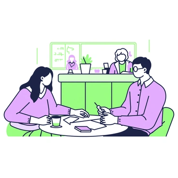 Two people are sitting at a small round table in a coffee shop. One person, a woman with long hair, is reviewing a set of sketches laid out on the table. She is wearing a casual sweater and has a cup of coffee in front of her. The other person, a man with glasses, is leaning slightly forward, actively discussing the sketches. He is dressed in a button-down shirt and has a notebook open beside him. The coffee shop features a wooden counter in the background and has a warm, inviting atmosphere. There are a few potted plants on the windowsill, and other customers are visible in the background, enjoying their drinks.