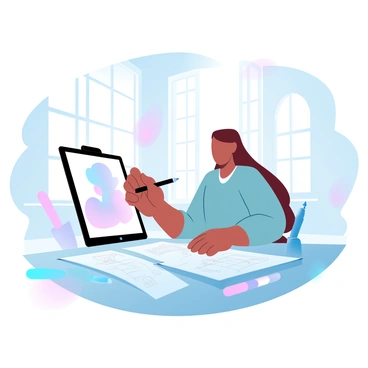 An artist is sitting at a desk, holding a digital tablet in one hand while stylus in the other hand hovers above the screen. The tablet displays a colorful, abstract illustration with gradient pastel colors. Surrounding the artist are various art supplies including pens and markers. The room is filled with large windows letting in natural light, enhancing the ambiance of creativity. Various sketches are scattered on the desk, showcasing the artist’s work process.