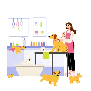 A woman with long brown hair stands in a well-lit grooming salon. She is wearing a pink apron and is focused on washing a small white dog in a bathtub. Water splashes around her as she gently rinses the dog's fur. Nearby, a golden retriever is sitting on a grooming table, where the woman is carefully trimming its fur with scissors. On the counter, there are bottles of shampoo, brushes, and towels neatly arranged. Several colorful collars hang on the wall, and a few playful puppies are playing on the floor, adding to the lively atmosphere of the salon.