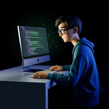 A programmer with short black hair, wearing glasses and a blue hoodie, is intently typing code on a sleek modern computer. The computer screen displays lines of colorful code. Binary numbers in green and white are flowing out of the screen in a cascading effect, creating a dynamic visual around the programmer. The setting is a dimly lit room with a soft glow from the screen illuminating the programmer's focused expression.
