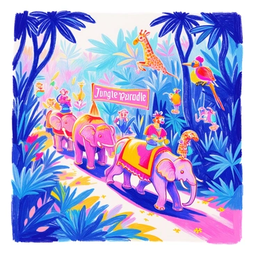 A group of various animals is marching through a dense jungle. There are elephants adorned with vibrant feathers, and tropical birds wearing bright, intricate costumes. Nearby, a giraffe sports a large, decorative collar, while monkeys are dressed in colorful capes, swinging from tree branches. The foliage around them is lush and green, with sunlight filtering through the leaves, creating a lively atmosphere. Some of the animals carry small banners, while others are playing instruments. "Jungle Parade" is displayed prominently on one of the banners.