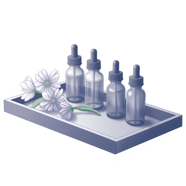 A tray is placed on a wooden surface, holding several bottles of essential oils. Each bottle is uniquely shaped and features a dropper top. Next to the bottles, there are fresh flowers in various stages of bloom, their petals open and vibrant. The flowers are arranged in a cluster, with some leaning slightly towards the oils. The scene conveys a sense of tranquility and natural beauty, with the focus on the intricate details of the bottles and the flowers.