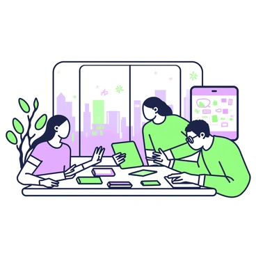 A group of illustrators is collaborating in a modern tech startup office in Vancouver. In the center, a large wooden table holds various sketchbooks, digital tablets, and a laptop. Each illustrator is focused on their work, with one showing their tablet screen to another. One illustrator has long hair tied back and is wearing a casual t-shirt, while another has short hair and glasses, wearing a sweater. Nearby, a whiteboard covered with colorful sketches and notes is visible, along with a colorful plant in the corner. Large windows allow natural light to fill the space, revealing a view of the city skyline outside.