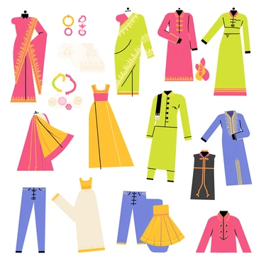 A doodle illustration showcasing a variety of traditional Indian wedding attire. The image features several colorful sarees draping elegantly, with intricate patterns and embellishments. Brightly colored sherwanis are also depicted, adorned with detailed embroidery and decorative buttons. The sarees may include shades of red, green, and gold, while the sherwanis display rich hues of blue and maroon. Various accessories such as bangles, necklaces, and turbans are interspersed throughout the image, adding to the vibrant theme of Indian weddings.