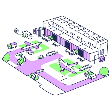 A bird's-eye view of an airport terminal complex. The terminal features multiple gates and large glass windows, with a notable entrance area. Several aircraft are parked on the tarmac, each at different gates. Some aircraft are commercial airliners, while others are smaller regional planes. Ground vehicles are moving in the vicinity, including baggage carts and fuel trucks. The layout of the airport shows distinct pathways leading to parking areas and taxiways, with various colors marking the zones around the terminal.